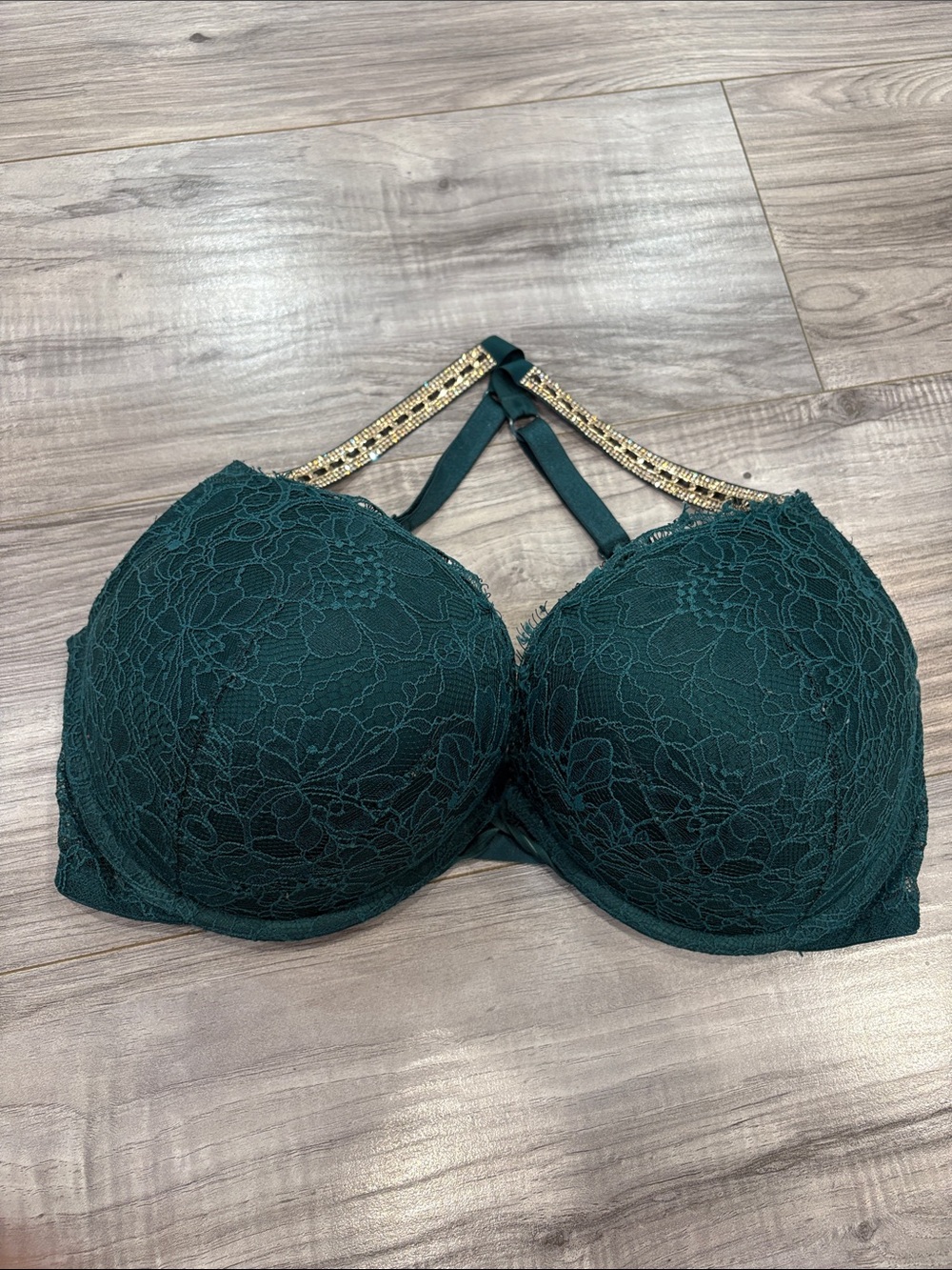 Lace Push-Up Bra with Embellished Straps - Emerald Green